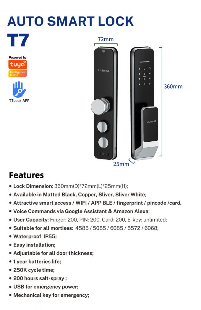 Liliwise Nuovo Disegno Serratura Fully-Automatic Digital Electronic Fingerprint Lock Tuya APP TTlock Smart Door Lock 26