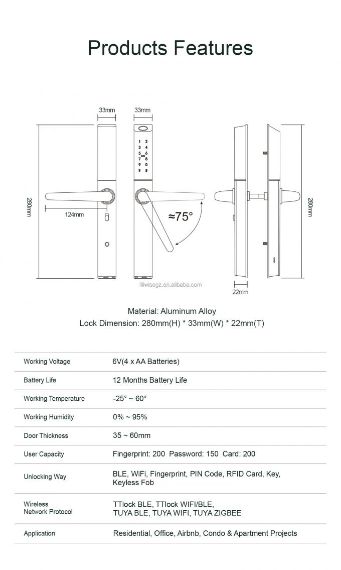 LILIWISE High Quality Manufacturer Smart Lock 2025 Tuya Wifi BLE Waterproof TTLOCK Slim Smart Door Lock 1