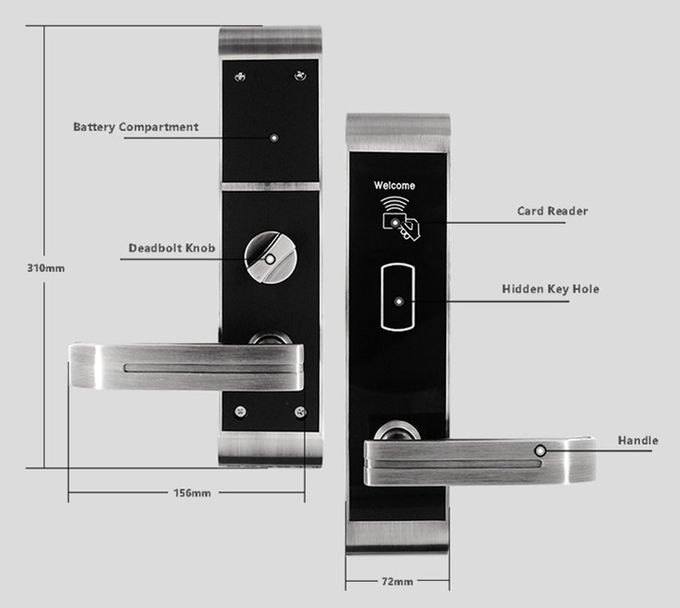 Serrature di porta in lega di zinco dell'hotel di Rfid con le chiavi meccanica 310 * 72mm della carta di IC 0